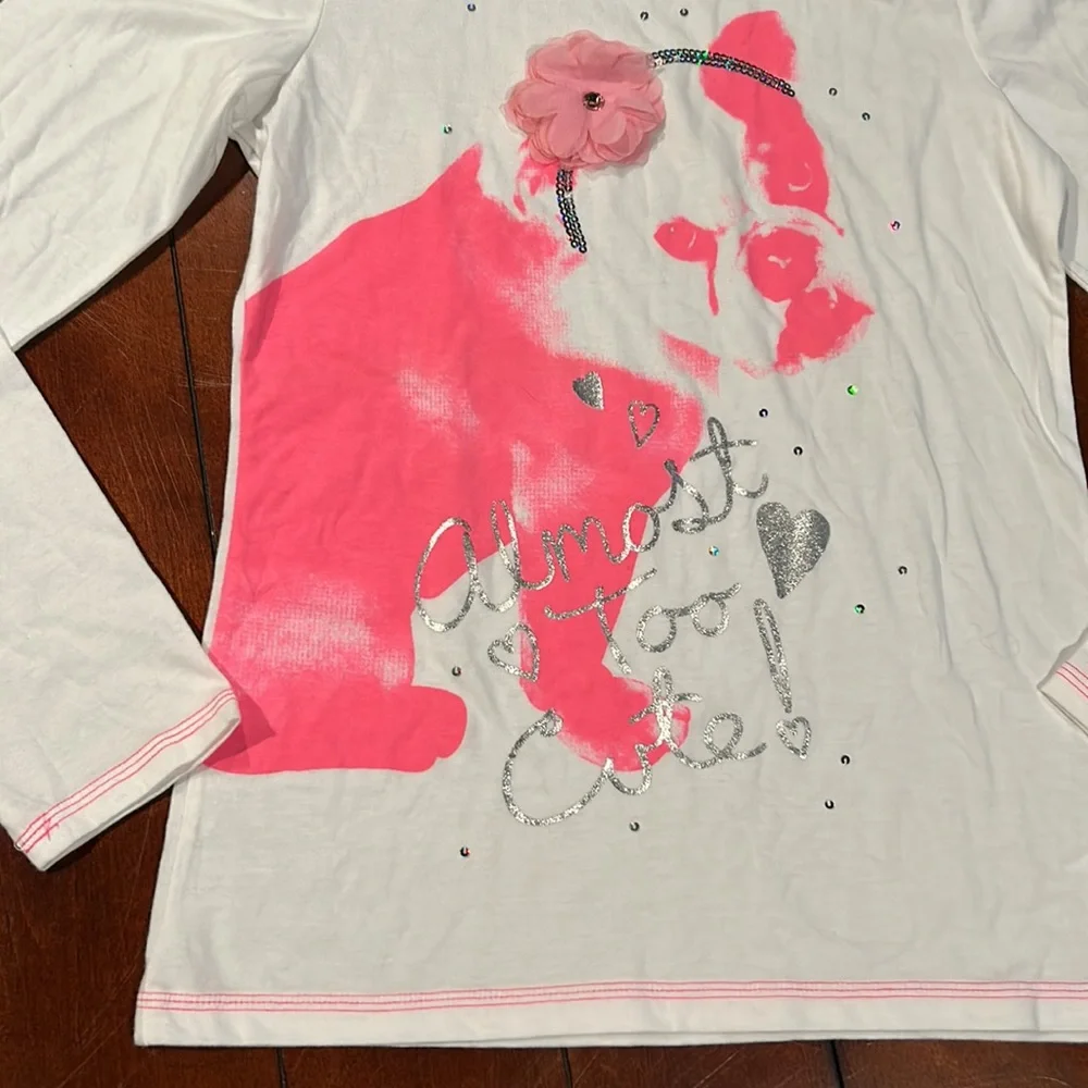 NWT Justice Pink White Bulldog Almost Too Cute Long Sleeve Top Size 16 - Picture 2 of 13